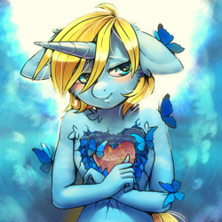 Size: 2000x2000 | Tagged: safe, artist:st. oni, oc, oc only, oc:skydreams, butterfly, unicorn, anthro, blue, blue eyes, blushing, female, heart, heartbreak, high res, kintsugi, mare, symbolism