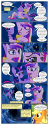 Size: 612x1552 | Tagged: safe, artist:newbiespud, edit, edited screencap, screencap, applejack, fluttershy, princess cadance, rarity, twilight sparkle, earth pony, pegasus, pony, unicorn, comic:friendship is dragons, a canterlot wedding, g4, angry, cave, comic, dialogue, eyelashes, eyes closed, female, freckles, hat, hug, mare, messy mane, peytral, raised hoof, screencap comic, unicorn twilight