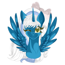 Size: 1024x1024 | Tagged: safe, artist:sakimiaji, oc, oc only, oc:fleurbelle, alicorn, pony, alicorn oc, bow, female, hair bow, horn, mare, one eye closed, simple background, smiling, smiling at you, solo, transparent background, wingding eyes, wings, wink, yellow eyes
