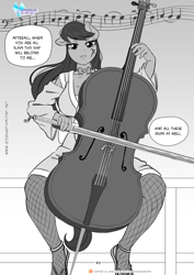 Size: 1200x1697 | Tagged: safe, artist:pia-sama, octavia melody, earth pony, anthro, comic:rogue diamond, g4, bedroom eyes, bow (instrument), bowtie, breasts, busty octavia melody, cello, cello bow, clothes, female, fishnet pantyhose, fishnet stockings, looking at you, mare, musical instrument, robe, sandals, stockings, sword, thigh highs, weapon