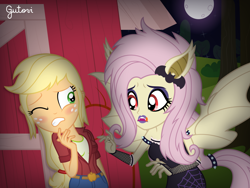 Size: 5556x4168 | Tagged: safe, artist:gutovi, applejack, fluttershy, equestria girls, g4, armband, bat ponified, bat wings, belt, belt buckle, blushing, clothes, dress, fangs, female, fishnet clothing, fishnet gloves, flutterbat, goth, hairband, hairpin, jeans, lesbian, licking, licking lips, pants, race swap, scared, ship:appleshy, shipping, tongue out, wings