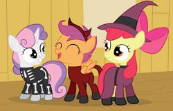 Size: 3864x2486 | Tagged: safe, artist:squipycheetah, apple bloom, scootaloo, sweetie belle, earth pony, pegasus, pony, unicorn, g4, bone, clothes, clubhouse, costume, crossover, crusaders clubhouse, cute, cutie mark crusaders, devil horns, disney, female, filly, high res, lock shock and barrel, the nightmare before christmas, trio