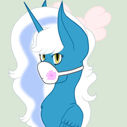 Size: 1024x1024 | Tagged: safe, artist:royal-snowflake, oc, oc only, oc:fleurbelle, alicorn, pony, alicorn oc, bow, face mask, female, hair bow, horn, mare, mask, solo, wings, yellow eyes