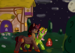 Size: 2100x1500 | Tagged: safe, artist:hemlock conium, oc, unnamed oc, pony, unicorn, background pony, clothes, costume, duo, female, halloween, halloween costume, holiday, mare, night, nightmare night