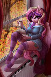 Size: 1332x2000 | Tagged: safe, artist:lightly-san, princess cadance, alicorn, anthro, unguligrade anthro, g4, autumn, book, bottomless, breasts, busty princess cadance, clothes, cup, cute, cutedance, ear fluff, female, leaves, looking at you, partial nudity, rain, sitting, smiling, socks, solo, stockings, striped socks, sweater, sweater dress, thigh highs, thighs, tongue out, tree, window, zettai ryouiki