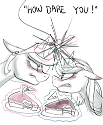 Size: 800x975 | Tagged: safe, artist:haden-2375, princess celestia, princess luna, alicorn, pony, g4, angry, bite mark, cake, crossed horns, duo, faceoff, female, food, grayscale, horn, horns are touching, looking at each other, magic, mare, monochrome, s1 luna, sketch, telekinesis