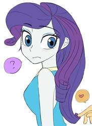 Size: 804x1106 | Tagged: safe, artist:haibaratomoe, applejack, rarity, equestria girls, g4, my little pony equestria girls: better together, confused, female, implied lesbian, implied shipping, lesbian, looking back, offscreen character, question mark, rarity peplum dress, ship:rarijack, shipping, simple background, solo focus, white background