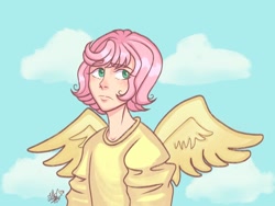 Size: 960x720 | Tagged: safe, artist:sungalaxaa, fluttershy, human, g4, alternate hairstyle, butterscotch, clothes, cloud, humanized, male, rule 63, shirt, sky, solo, winged humanization, wings