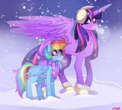 Size: 2364x2139 | Tagged: safe, artist:aaa-its-spook, rainbow dash, twilight sparkle, alicorn, pegasus, pony, g4, accessory, blushing, clothes, earmuffs, female, high res, lesbian, scarf, ship:twidash, shipping, size difference, snow, snowfall, twilight sparkle (alicorn)