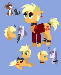 Size: 2310x2832 | Tagged: safe, artist:sandieapple, applejack, inky rose, winona, cat, dog, earth pony, pegasus, pony, g4, alternate hairstyle, anklet, blue background, chest fluff, choker, ear piercing, earring, eyeshadow, female, flannel, freckles, goth, gothjack, grin, heart, high res, inkyjack, jewelry, lesbian, makeup, mare, mouth hold, piercing, question mark, shipping, simple background, smiling, spiked choker, spiked wristband, wristband