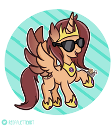 Size: 1200x1351 | Tagged: safe, artist:redpalette, oc, alicorn, pony, alicorn oc, crown, flying, horn, jewelry, regalia, smiling, sunglasses, swag, wings