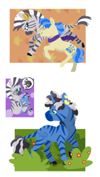 Size: 2310x4096 | Tagged: safe, artist:sandieapple, sapphire shores, zecora, oc, oc:rain dance, earth pony, hybrid, pony, zebra, zebracorn, zony, g4, alternate hairstyle, baby, bush, clothes, ear piercing, earring, female, flower, holding, interspecies offspring, jewelry, lesbian, looking at each other, magical lesbian spawn, male, mare, mother and child, mother and son, offspring, parent:sapphire shores, parent:zecora, parents:sapphora, piercing, question mark, raised hoof, raised leg, running, sapphora, scarf, shipping, zebra oc