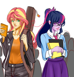 Size: 1000x1050 | Tagged: safe, artist:reinver, sci-twi, sunset shimmer, twilight sparkle, equestria girls, g4, book, cellphone, clothes, cutie mark, female, geode of empathy, geode of telekinesis, glasses, guitar, headphones, lesbian, lips, lipstick, magical geodes, makeup, musical instrument, phone, ponytail, sharing headphones, ship:sci-twishimmer, ship:sunsetsparkle, shipping, simple background, skirt, white background