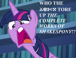 Size: 945x720 | Tagged: safe, edit, edited screencap, editor:korora, screencap, twilight sparkle, alicorn, pony, every little thing she does, g4, angry, book, censored vulgarity, cropped, faic, grawlixes, implied book abuse, library, long neck, mawshot, open mouth, solo, speech, talking, twilight sparkle (alicorn), uvula