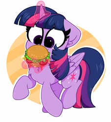 Size: 3000x3300 | Tagged: safe, artist:kittyrosie, twilight sparkle, alicorn, pony, abstract background, burger, chest fluff, cute, ear fluff, eating, floppy ears, food, glowing horn, hay, hay burger, herbivore, horn, lettuce, magic, simple background, solo, telekinesis, that pony sure does love burgers, tomato, twiabetes, twilight burgkle, twilight sparkle (alicorn)