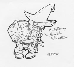 Size: 1106x1000 | Tagged: safe, artist:abronyaccount, spike, dragon, g4, black and white, d20, dice, dungeons and dragons, garbuncle, grayscale, hat, ink drawing, inktober, inktober 2020, male, monochrome, ogres and oubliettes, pen and paper rpg, rpg, solo, traditional art, wizard hat