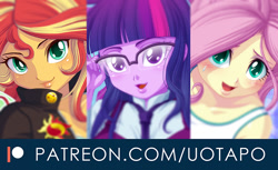Size: 800x491 | Tagged: safe, artist:uotapo, fluttershy, sci-twi, sunset shimmer, twilight sparkle, equestria girls, g4, beautiful, big eyes, blushing, clothes, cute, cutie mark, cutie mark on clothes, eyelashes, glasses, jacket, lips, looking at you, meganekko, necktie, open mouth, patreon, school uniform, shimmerbetes, shyabetes, smiling, sweat, sweatdrop, tank top, twiabetes