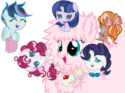 Size: 1278x954 | Tagged: safe, artist:anno酱w, oc, oc:apple harvest, oc:emerald jade, oc:flora shy, oc:fluffle puff, oc:planet twinkle, oc:rushing storm, oc:strawberry cake(anno), dracony, dragon, earth pony, hybrid, pegasus, pony, unicorn, baby, baby pony, base used, bow, curly hair, eyes closed, flying, freckles, interspecies offspring, offspring, parent:applejack, parent:cheese sandwich, parent:discord, parent:flash sentry, parent:fluttershy, parent:pinkie pie, parent:rainbow dash, parent:rarity, parent:soarin', parent:spike, parent:trouble shoes, parent:twilight sparkle, parents:cheesepie, parents:discoshy, parents:flashlight, parents:soarindash, parents:sparity, parents:troublejack, simple background