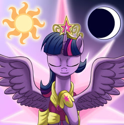 Size: 1500x1520 | Tagged: safe, artist:starbat, twilight sparkle, alicorn, pony, g4, clothes, coronation dress, dress, moon, solo, sun, twilight sparkle (alicorn)