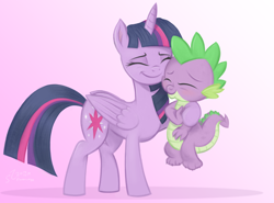 Size: 4180x3100 | Tagged: safe, artist:fladdrarblyg, spike, twilight sparkle, alicorn, dragon, pony, g4, cute, duo, eyes closed, female, gradient background, high res, hug, male, mare, smiling, spikabetes, spikelove, twiabetes, twilight sparkle (alicorn)