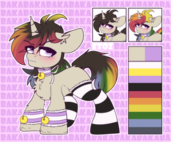 Size: 2400x2000 | Tagged: safe, artist:etoz, oc, oc only, oc:agap, pony, unicorn, angry, bell, blushing, cat bell, clothes, collar, cute, femboy, high res, horn, male, multicolored hair, rainbow hair, reference sheet, socks, stallion, stockings, text, thigh highs, tsundere, unicorn oc