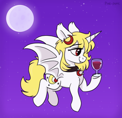Size: 2500x2407 | Tagged: safe, artist:pink-pone, oc, oc only, alicorn, bat pony, bat pony alicorn, pony, bat wings, female, high res, horn, mare, moon, solo, wings
