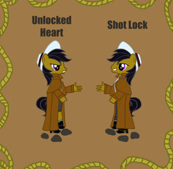 Size: 2657x2588 | Tagged: safe, artist:lyraalluse, oc, oc only, oc:shot lock, oc:unlocked heart, earth pony, anthro, brown background, clothes, duo, high res, original character do not steal, simple background, trenchcoat