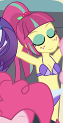 Size: 578x1127 | Tagged: safe, artist:dm29, pinkie pie, rarity, sour sweet, equestria girls, g4, armpits, bikini, breasts, cleavage, clothes, cropped, eyes closed, female, piercing, sexy, solo focus, swimsuit