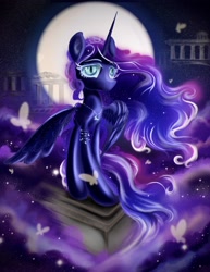 Size: 2550x3300 | Tagged: safe, artist:eris azure, nightmare moon, alicorn, butterfly, pony, g4, cloud, eyebrows, high res, jewelry, mane, moon, necklace, sky, solo, stars