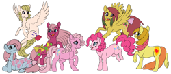 Size: 2500x1080 | Tagged: safe, artist:cyclone62, festivities, floater, mommy sweet celebrations, pinkie pie, pinkie pie (g3), surprise, up up and away, earth pony, pegasus, pony, g1, g2, g3, g4, adoraprise, bow, cute, diapinkes, female, festibetes, floatabetes, flying, g1 to g4, g2 to g4, g3 diapinkes, g3 to g4, generation leap, mare, mommy sweet sweet celebrations, open mouth, open smile, raised hoof, raised leg, rearing, simple background, smiling, tail bow, twice as fancy, up up and awayabetes, white background