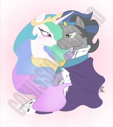 Size: 1024x1157 | Tagged: safe, artist:masternodra, king sombra, princess celestia, alicorn, pony, unicorn, g4, commission, eye contact, female, good king sombra, looking at each other, male, obtrusive watermark, ship:celestibra, shipping, straight, watermark