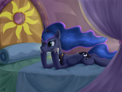 Size: 4724x3543 | Tagged: safe, artist:lin feng, princess luna, alicorn, pony, between dark and dawn, g4, bed, concave belly, ethereal mane, ethereal tail, female, head in hooves, long mane, lying down, mare, prone, scene interpretation, slender, solo, tail, thin