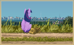 Size: 2640x1623 | Tagged: safe, artist:danton-y17, twilight sparkle, alicorn, pony, g4, bag, city, dirt road, forest, sky, skyline, solo, twilight sparkle (alicorn)