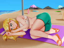 Size: 2000x1500 | Tagged: safe, artist:focusb, derpy hooves, equestria girls, g4, beach, breasts, busty derpy hooves, clothes, cute, derpabetes, feet, human coloration, looking at you, ocean, sand, sandals, solo, swimsuit, umbrella, water