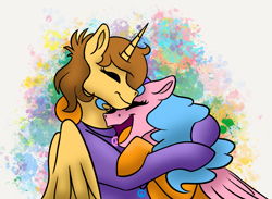 Size: 3613x2644 | Tagged: safe, artist:bella-pink-savage, oc, oc:aspen, oc:bella pinksavage, alicorn, pegasus, pony, alicorn oc, birthday, bodysuit, catsuit, clothes, cuddling, female, happy, high res, hippie, horn, hug, jewelry, latex, latex suit, necklace, peace suit, peace symbol, peaceful, pegasus oc, rubber suit, sibling love, siblings, sisterly love, sisters, smiling, wings