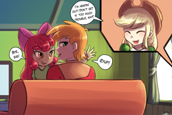 Size: 1125x750 | Tagged: dead source, safe, artist:lumineko, apple bloom, applejack, big macintosh, equestria girls, g4, blushing, brother and sister, eyes closed, female, looking at you, looking back, looking back at you, male, siblings, sitting, speech bubble, suspicious, television, waving, window