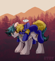 Size: 2200x2400 | Tagged: safe, artist:etoz, oc, oc only, oc:ironsides, oc:spore, earth pony, pony, commission, cute, earth pony oc, forest, grass, happy, high res, lying, lying down, lying on top of someone, male, mountain, sky, sleeping, snore, stallion, tree