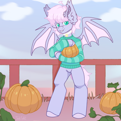 Size: 2520x2520 | Tagged: safe, artist:jackselit, oc, oc only, oc:crescent charm, bat pony, pony, bat pony oc, bat wings, clothes, high res, jewelry, necklace, pumpkin, solo, sweater, wings