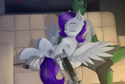 Size: 4850x3250 | Tagged: safe, artist:singovih, oc, oc:anon, oc:morning glory (project horizons), human, pegasus, pony, fallout equestria, ah yes me my girlfriend and her x, commission, cute, daaaaaaaaaaaw, dashite, dock, energy weapon, female, human on pony snuggling, laser rifle, mare, meme, snuggling, sweet dreams fuel, weapon, window
