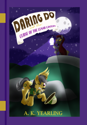 Size: 1797x2565 | Tagged: safe, artist:sixes&sevens, daring do, hengstwolf, werewolf, g4, book cover, cloak, clothes, cover, drool, full moon, lantern, moon, transformation
