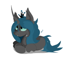 Size: 3552x2952 | Tagged: safe, artist:groomlake, queen chrysalis, changeling, changeling queen, pony, g4, colored, crown, curved horn, cute, cutealis, female, high res, horn, jewelry, love, lying down, mare, regalia, simple, simple background, solo, spots, white background