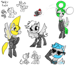 Size: 2400x2064 | Tagged: safe, artist:saltycube, earth pony, pegasus, pony, robot, unicorn, clothes, female, high res, male, no straight roads, ponified, simple background, sketch, sunglasses, white background