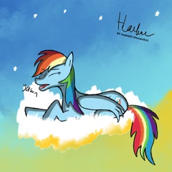 Size: 1080x1080 | Tagged: safe, artist:haekal20, rainbow dash, pegasus, pony, g4, cloud, female, mare, solo, stars, tired, yawn