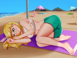 Size: 1280x960 | Tagged: safe, alternate version, artist:focusb, edit, editor:thomasfan45, derpy hooves, human, equestria girls, g4, barefoot, beach, beach towel, bikini, breasts, busty derpy hooves, clothes, curled up, cute, derpabetes, derpy's beach shorts swimsuit, feet, female, human coloration, legs, looking at you, lying down, midriff, ocean, sand, sandals, sandcastle, sexy, solo, swimsuit, umbrella, water