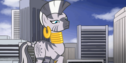 Size: 2160x1080 | Tagged: safe, artist:calebtyink, zecora, g4, building, city, female, giant zebra, giantess, looking down, macro, mega zecora, zecora is not amused