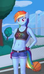 Size: 3000x5000 | Tagged: safe, alternate version, artist:irisarco, rainbow dash, pegasus, anthro, g4, 20% cooler, abs, ball, basketball, belly button, belt, black belt, blue fur, blue wings, bow, breasts, bush, cellphone, city, clothes, cloud, confident, cute, dashabetes, day, denim shorts, female, fence, fingerless gloves, gloves, grass, hand on hip, looking at you, midriff, multicolored mane, multicolored tail, multiple variants, outdoors, park, phone, pink eyes, rainbow tail, short shirt, shorts, sky, skyscraper, small breasts, smartphone, smiling, smiling at you, solo, sports, standing, tail, text, tomboy, tree, watermark, wings