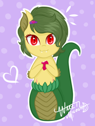 Size: 1050x1400 | Tagged: safe, artist:shappy the lamia, oc, oc only, oc:shappy, earth pony, hybrid, lamia, original species, pony, brooch, chibi, collaboration, cute, eating, fanart, fangs, food, front view, green, green tail, happy, heart, holding, long tail, love, pretty, radish, red eyes, scales, short hair, short mane, slit pupils, snake eyes, snake tail, solo, watermelon, yellow