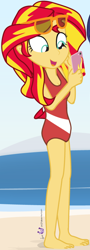 Size: 690x1917 | Tagged: safe, artist:dm29, sunset shimmer, equestria girls, g4, barefoot, beach, clothes, cropped, down under summer, feet, female, one-piece swimsuit, phone, sandals, solo, swimsuit