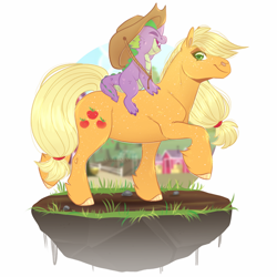 Size: 900x900 | Tagged: safe, artist:sadelinav, applejack, spike, dragon, earth pony, pony, g4, accessory swap, baby, baby dragon, cute, dragons riding ponies, duo, duo male and female, female, hat, male, riding, spikabetes, spike riding applejack