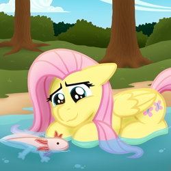 Size: 2048x2048 | Tagged: safe, artist:whitequartztheartist, fluttershy, axolotl, pegasus, pony, g4, cute, female, floppy ears, folded wings, forest, high res, in water, looking at someone, looking down, lying down, mare, outdoors, prone, river, shyabetes, smiling, solo, tree, water, wings